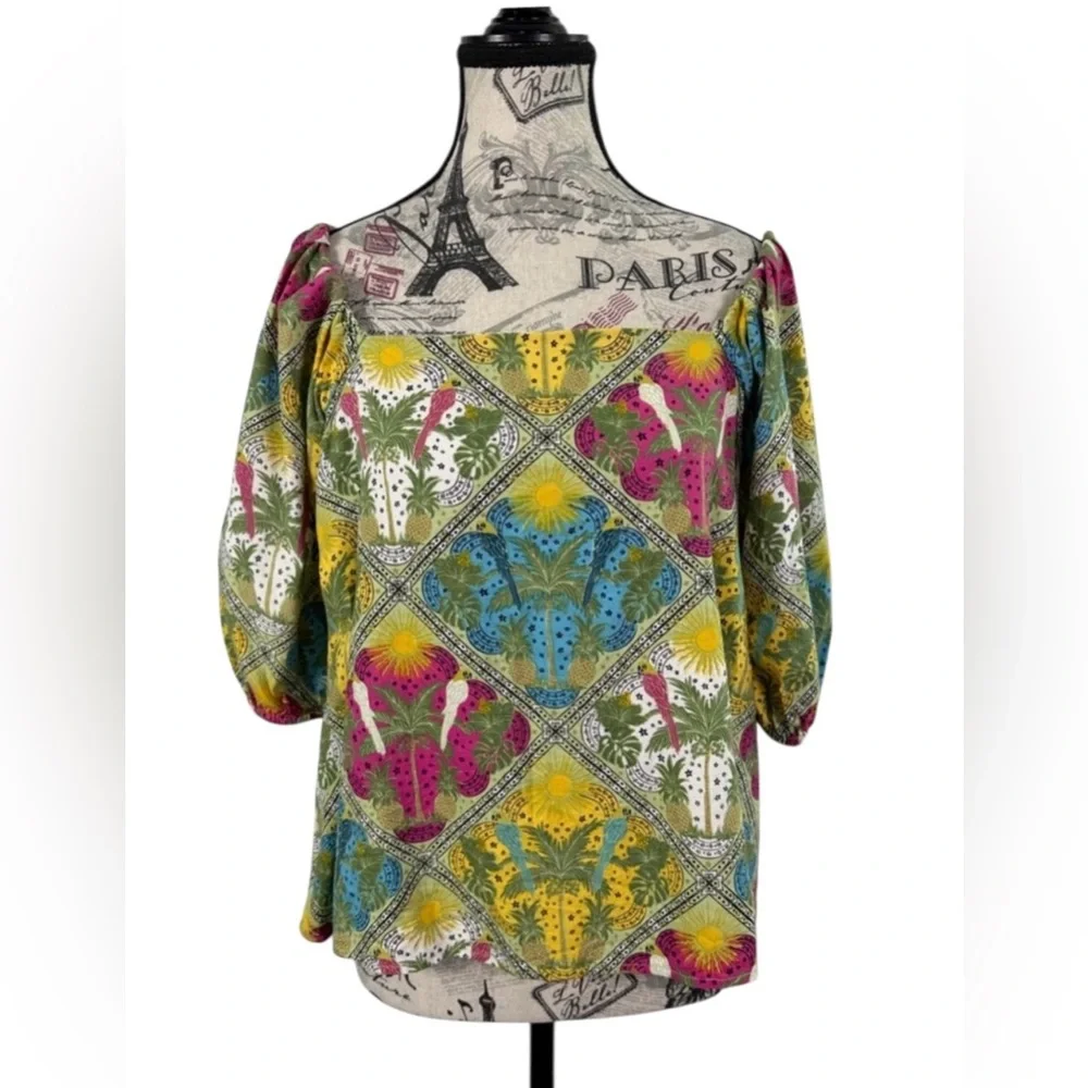 LOFT Tropical Floral Print Blouse Women’s M Boho Puff Sleeve Cotton Blend Top